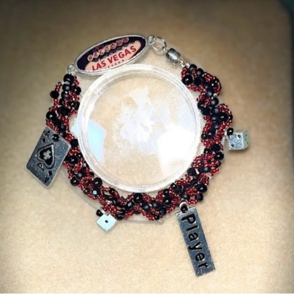 Red & Black Beaded Las Vegas Player Ace Dice Silver Charm Statement Bracelet